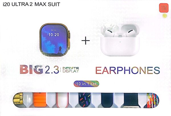I20 Ultra Max Smartwatch Bundle – 10-in-1 with 2.3” Large Screen, 10 Straps & Bonus AirPods | Fitness Tracker, Call & Sleep Monitor